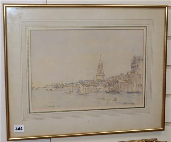 Henry Rushbury (1889-1968), ink and watercolour, La Rochelle Harbour, signed, 25 x 37cm.